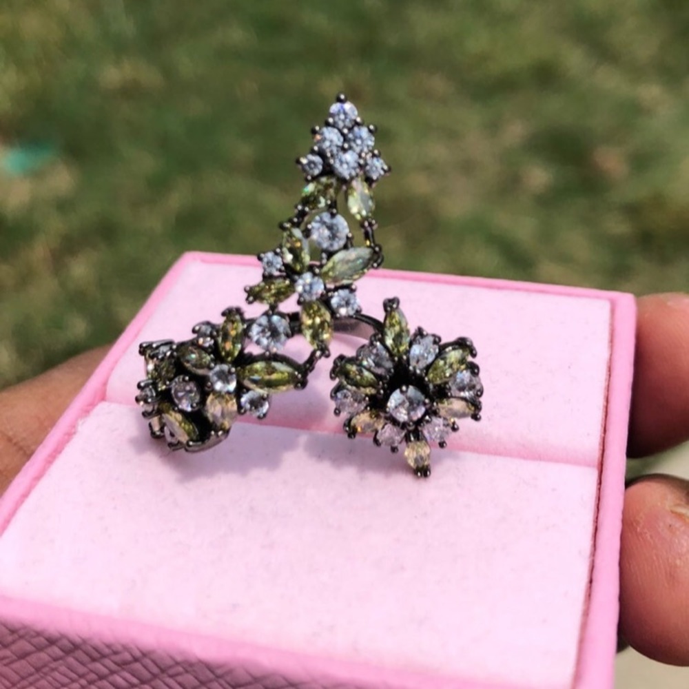 Hematite Finish Adjustable Ring With Green And Cl… - image 4